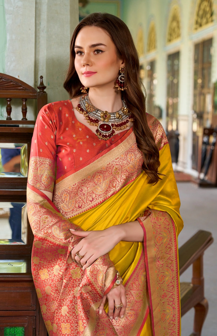Anaita Yellow Soft Silk Zari Weaving Saree With Blouse Piece | Grocsy