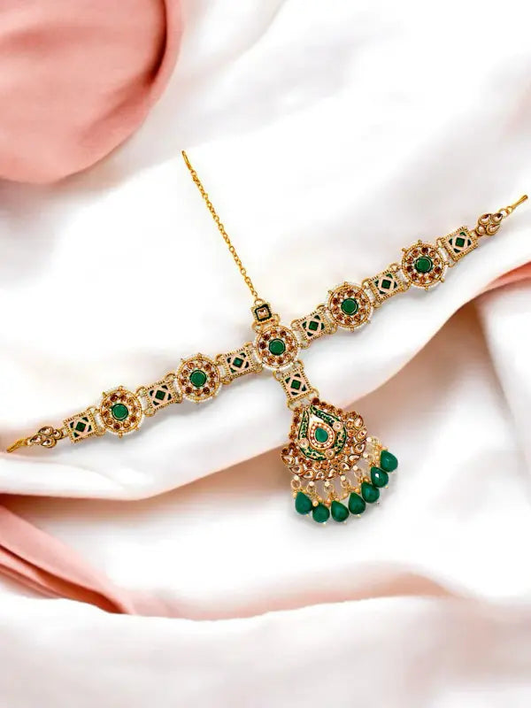 Tehzeeb Creations Traditional Designer Kundan Stone Green Meenakari Choker Bridal Set | Grocsy