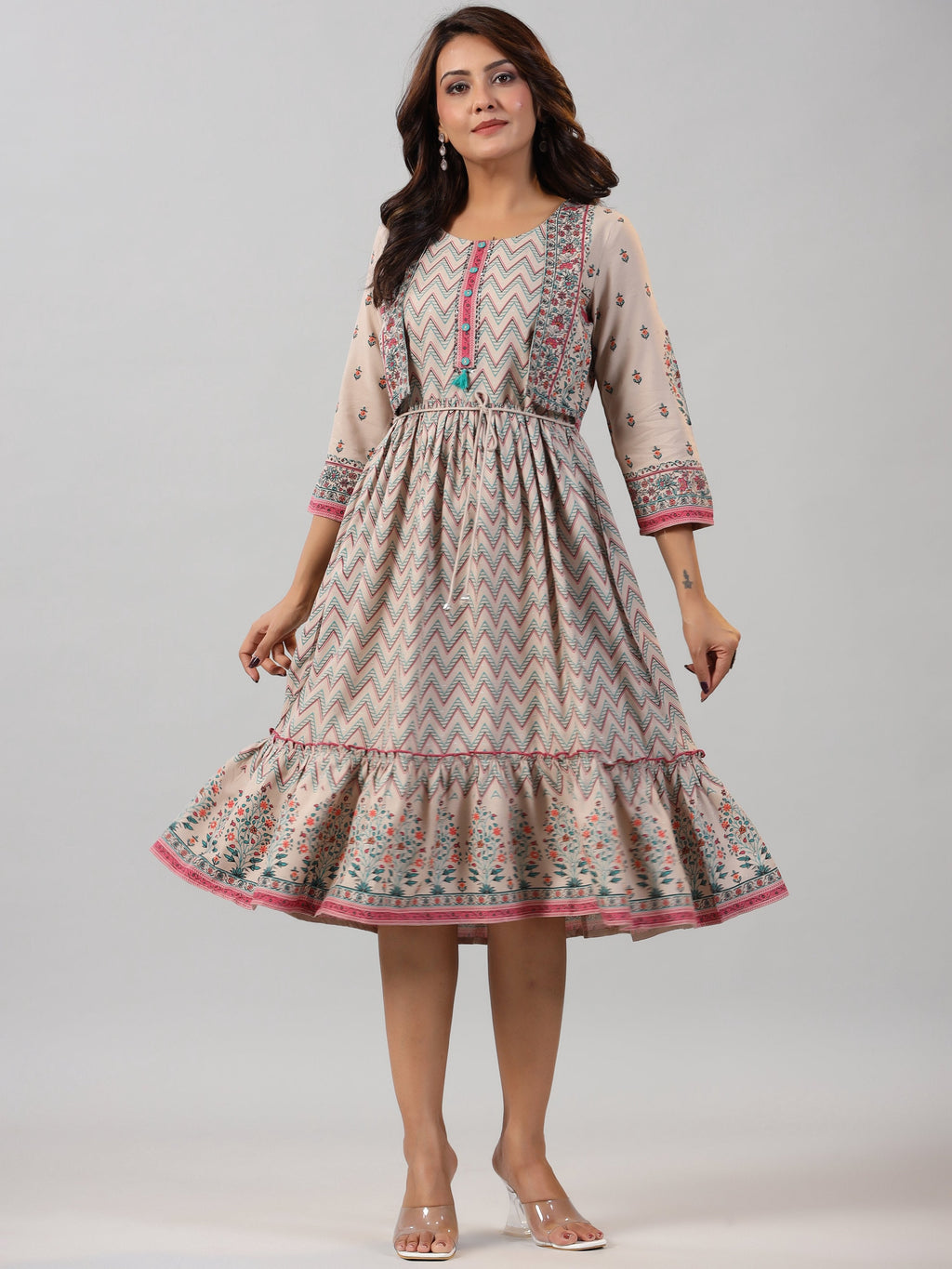 Juniper Women Beige Rayon Printed Jacket Style Midi Dress | Grocsy