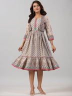 Juniper Women Beige Rayon Printed Jacket Style Midi Dress | Grocsy