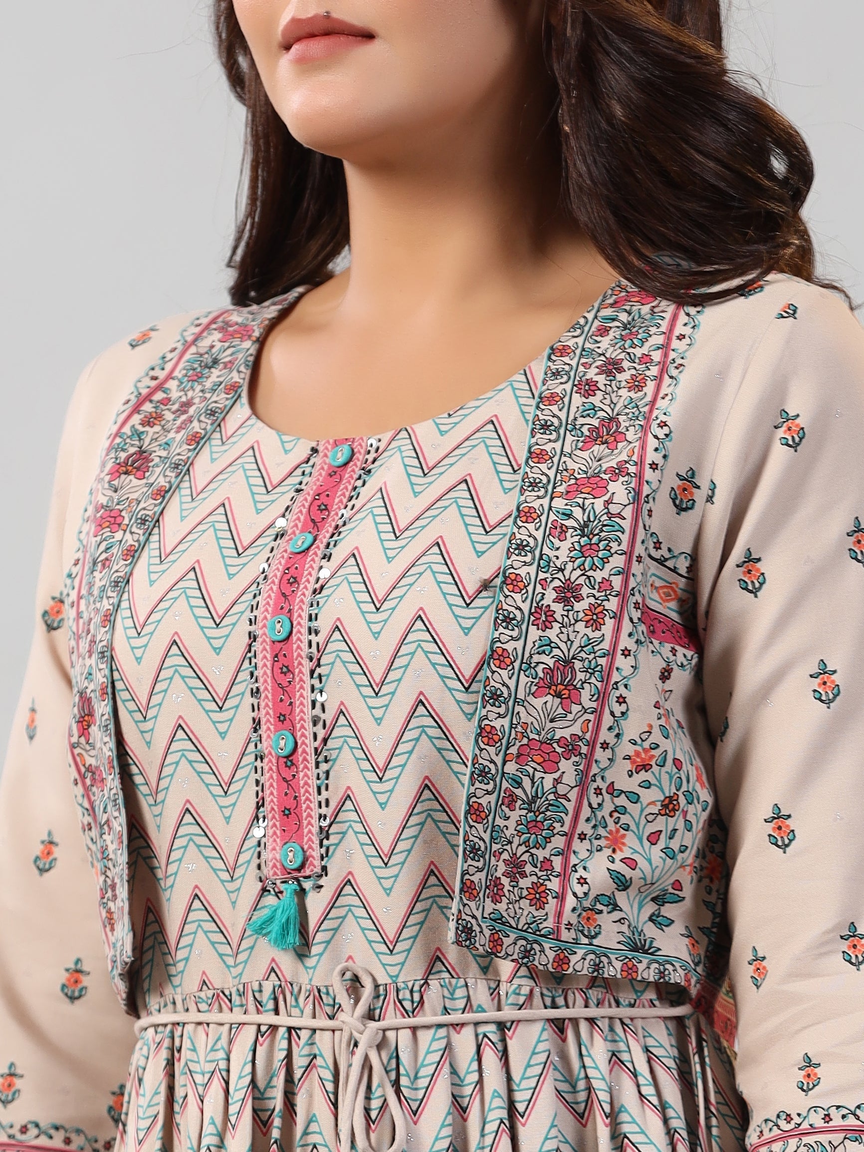 Juniper Women Beige Rayon Printed Jacket Style Midi Dress | Grocsy