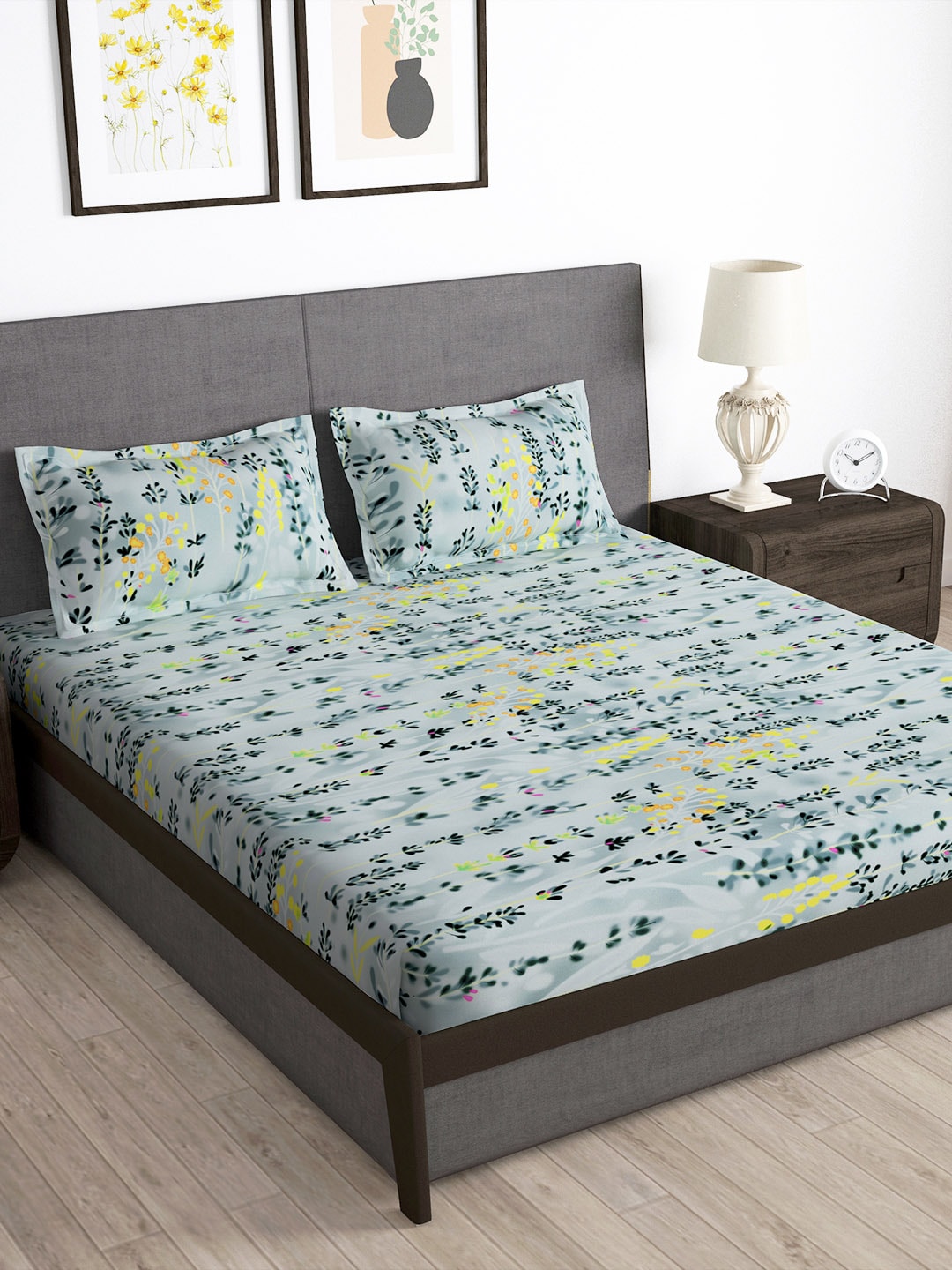 Story@home Arena Grey & Blue Floral Printed 180 TC Bedsheet & Pillow Covers | Grocsy