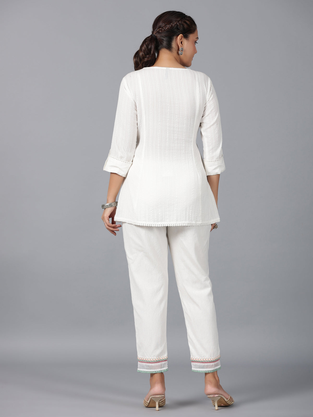 Juniper Women Off-White Seer Sucker Embroidered Clothing Set | Grocsy