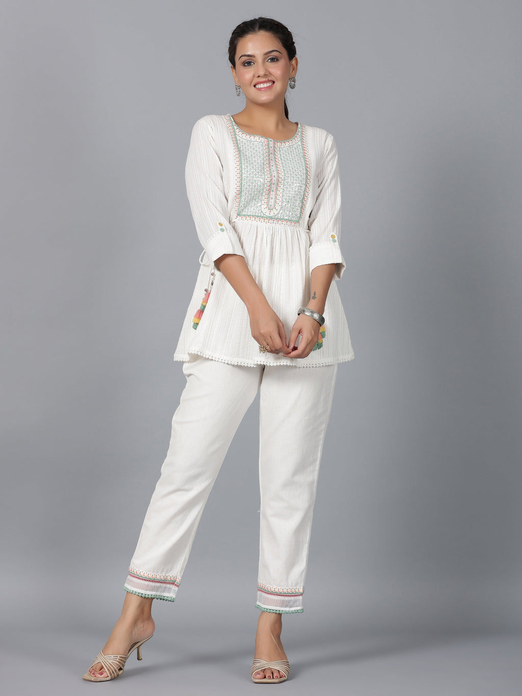 Juniper Women Off-White Seer Sucker Embroidered Clothing Set | Grocsy