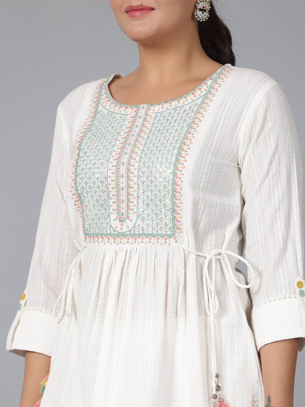 Juniper Women Off-White Seer Sucker Embroidered Clothing Set | Grocsy