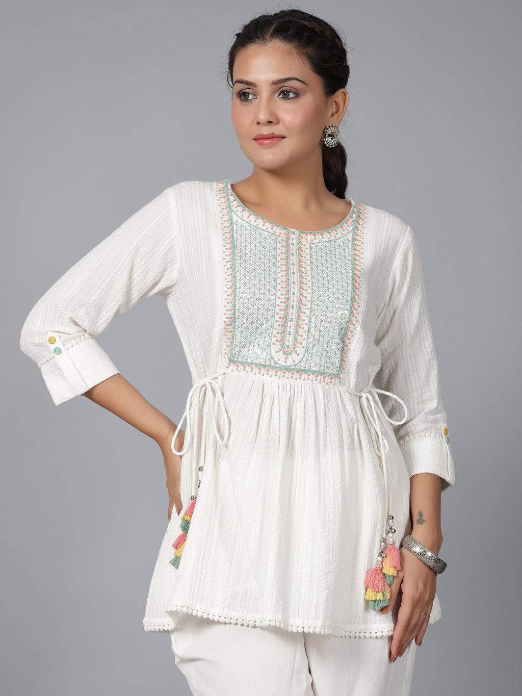 Juniper Women Off-White Seer Sucker Embroidered Clothing Set | Grocsy