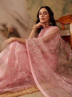 Sangria Pink Floral Embroidered Sequinned Net Saree | Grocsy