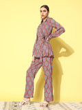 InWeave Women's Pink Blue Ogee Print Belted Coord Set | Grocsy