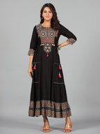 Juniper Women's Black Rayon Staple Printed Tiered Maxi Dress | Grocsy