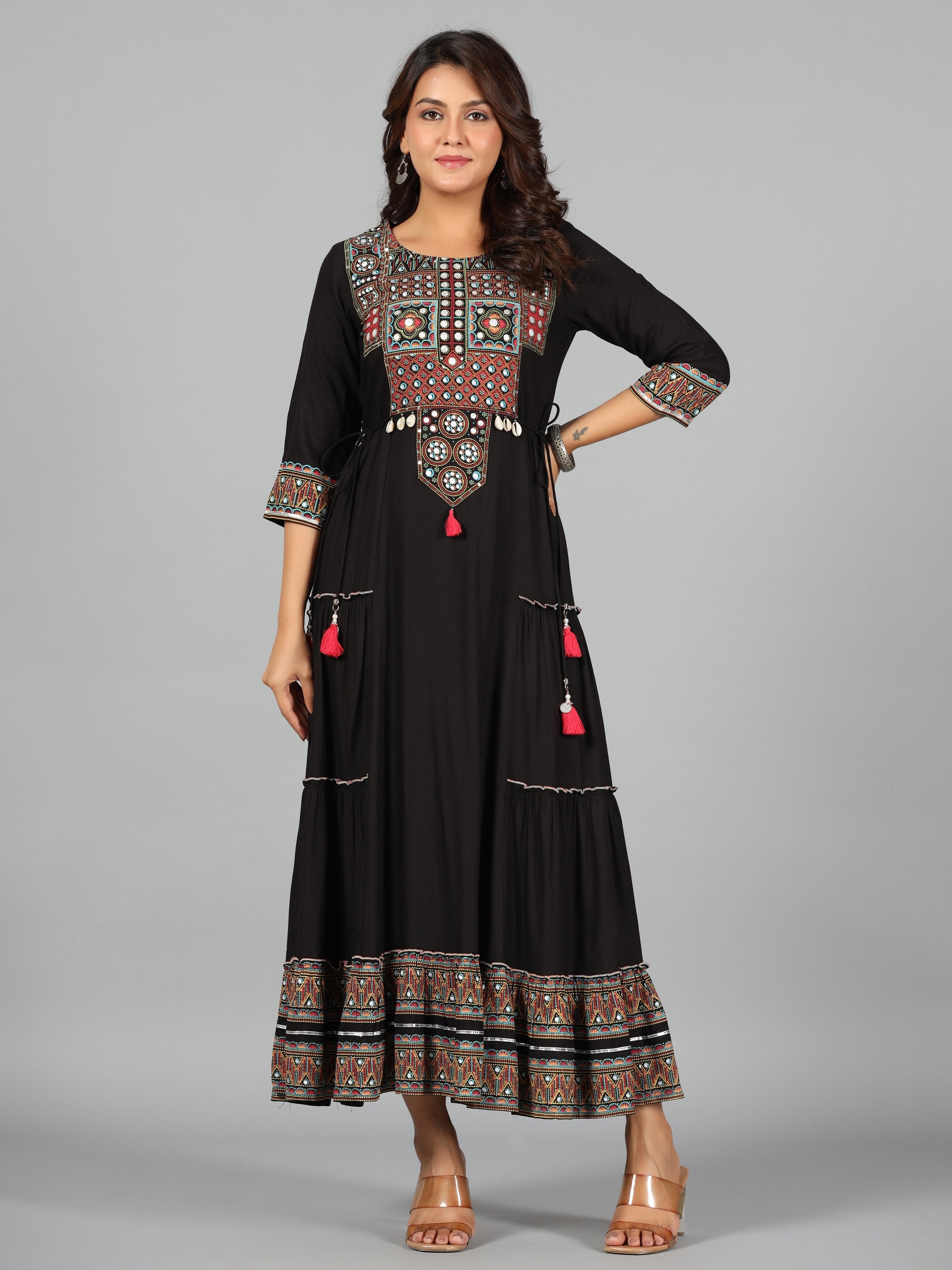 Juniper Women's Black Rayon Staple Printed Tiered Maxi Dress | Grocsy