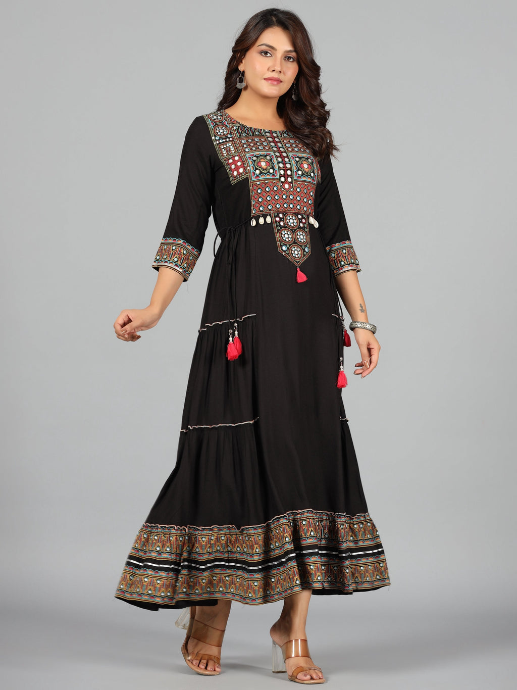 Juniper Women's Black Rayon Staple Printed Tiered Maxi Dress | Grocsy
