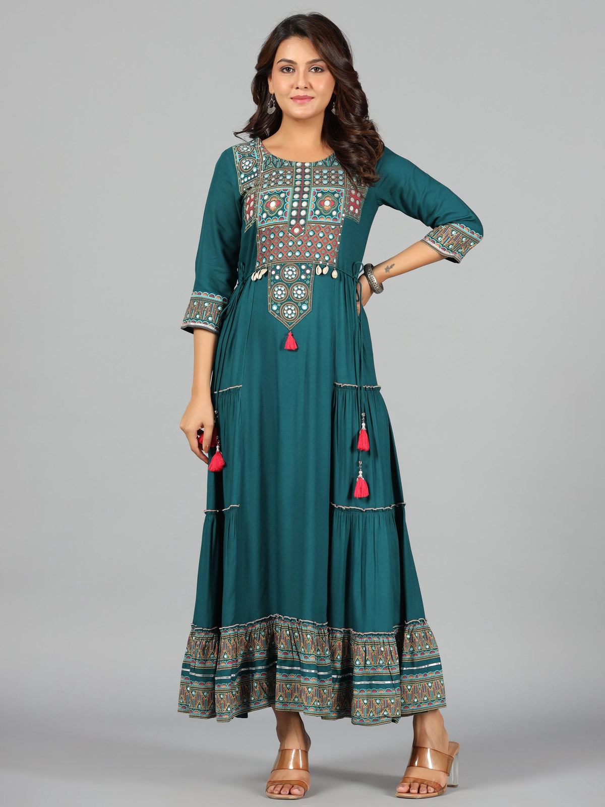 Juniper Women's Teal Rayon Staple Printed Tiered Maxi Dress | Grocsy