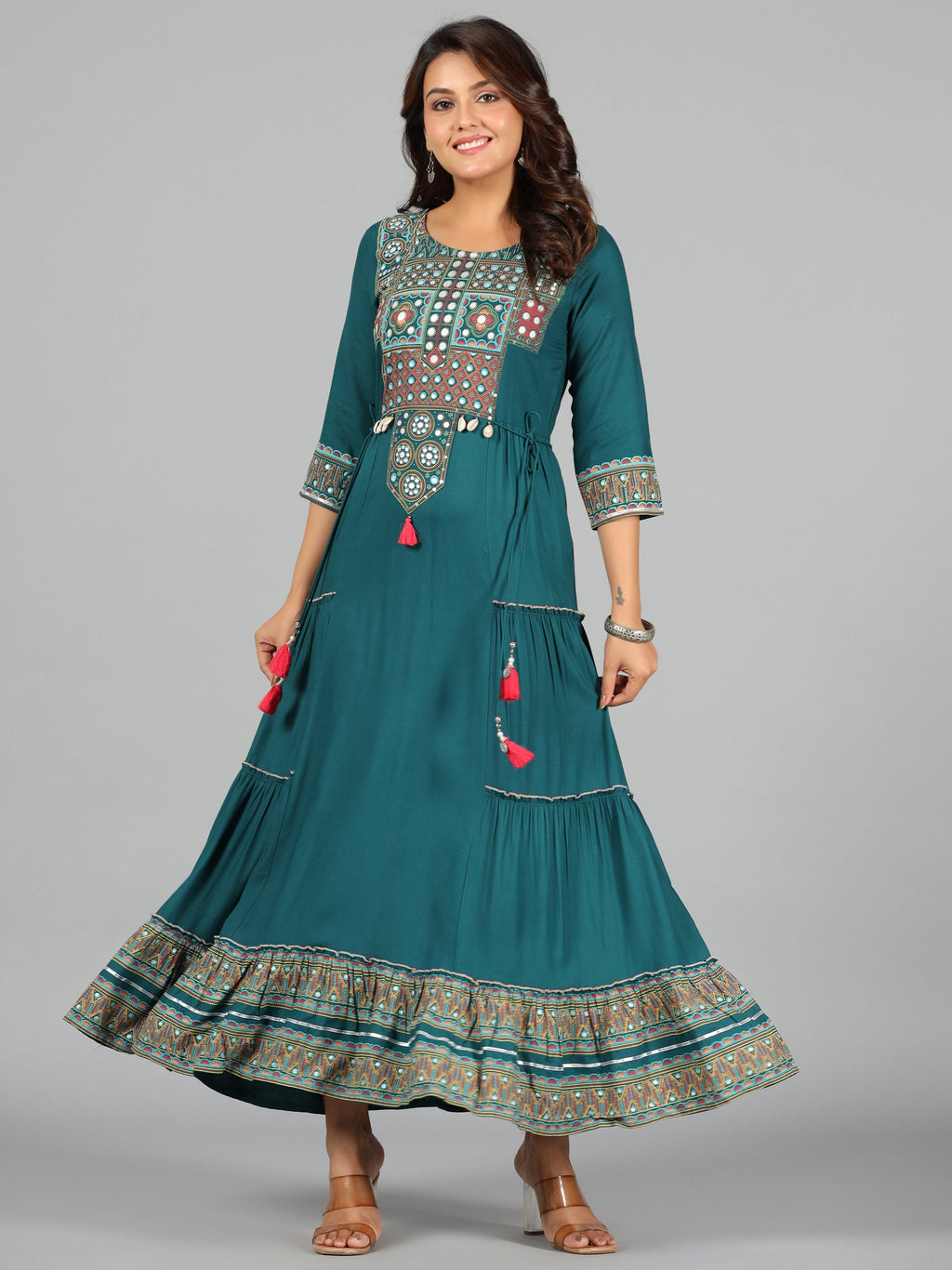 Juniper Women's Teal Rayon Staple Printed Tiered Maxi Dress | Grocsy