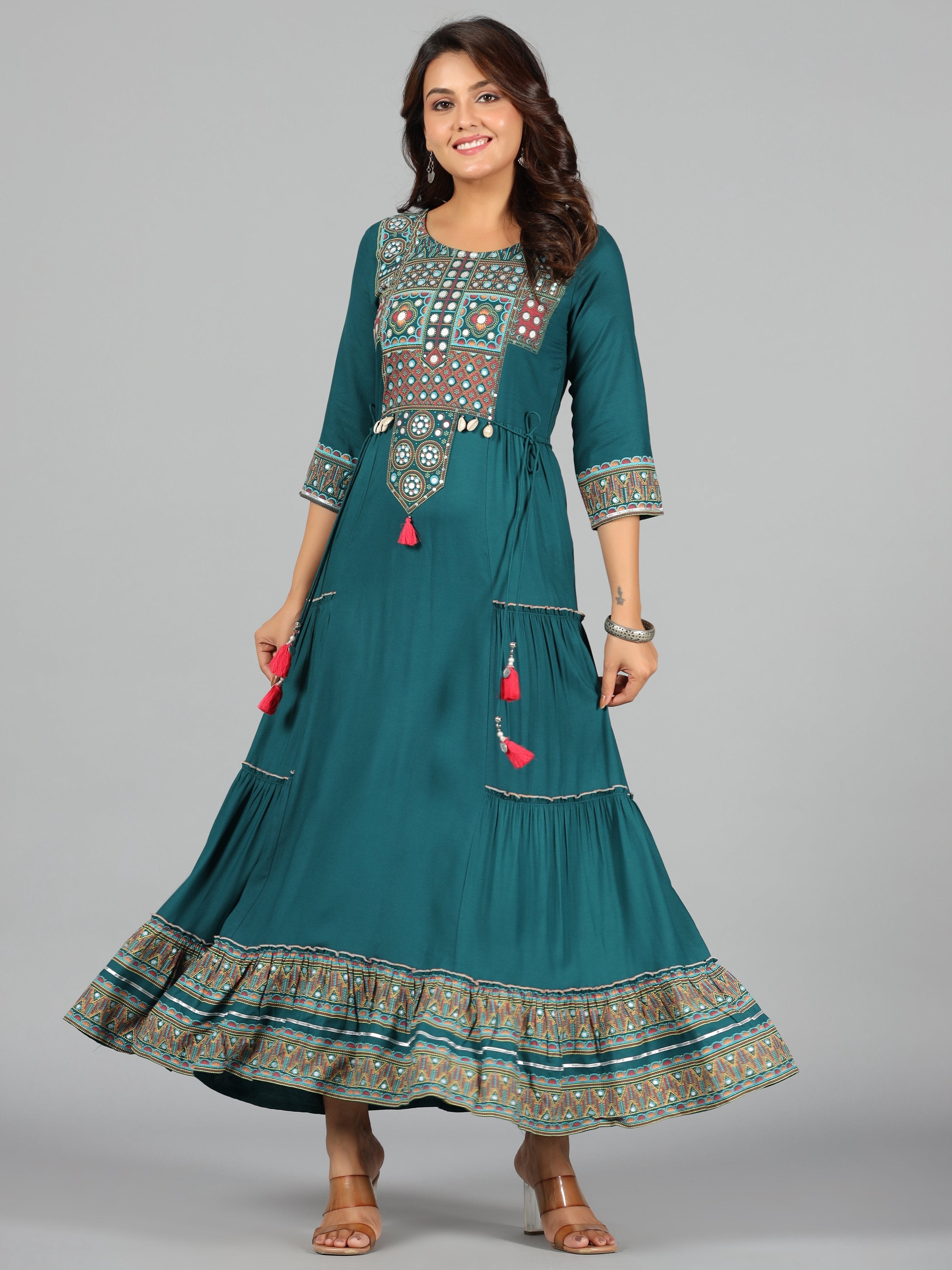 Juniper Women's Teal Rayon Staple Printed Tiered Maxi Dress | Grocsy