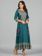 Juniper Women's Teal Rayon Staple Printed Tiered Maxi Dress | Grocsy