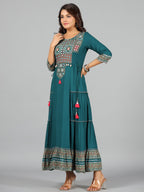 Juniper Women's Teal Rayon Staple Printed Tiered Maxi Dress | Grocsy