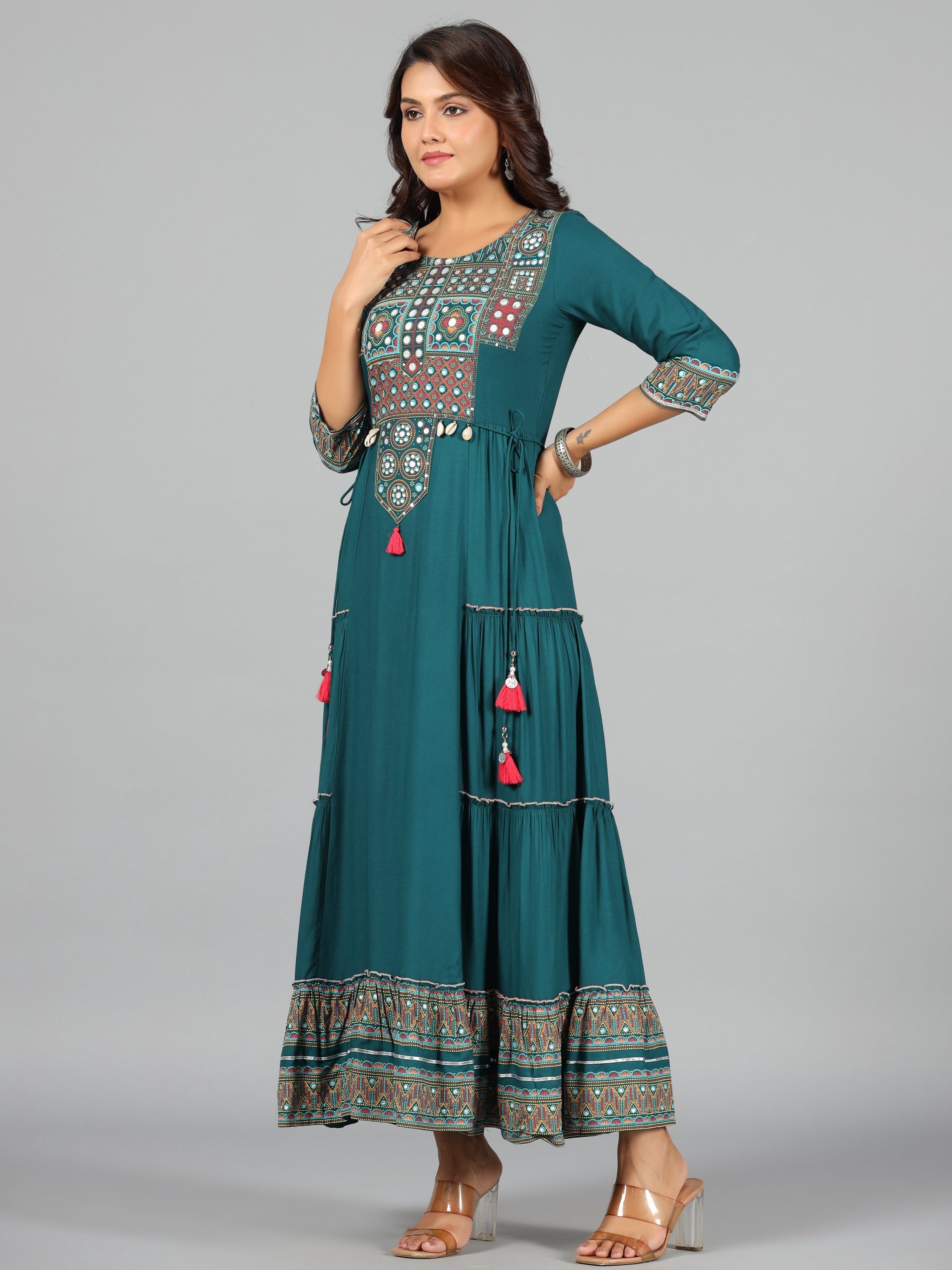 Juniper Women's Teal Rayon Staple Printed Tiered Maxi Dress | Grocsy