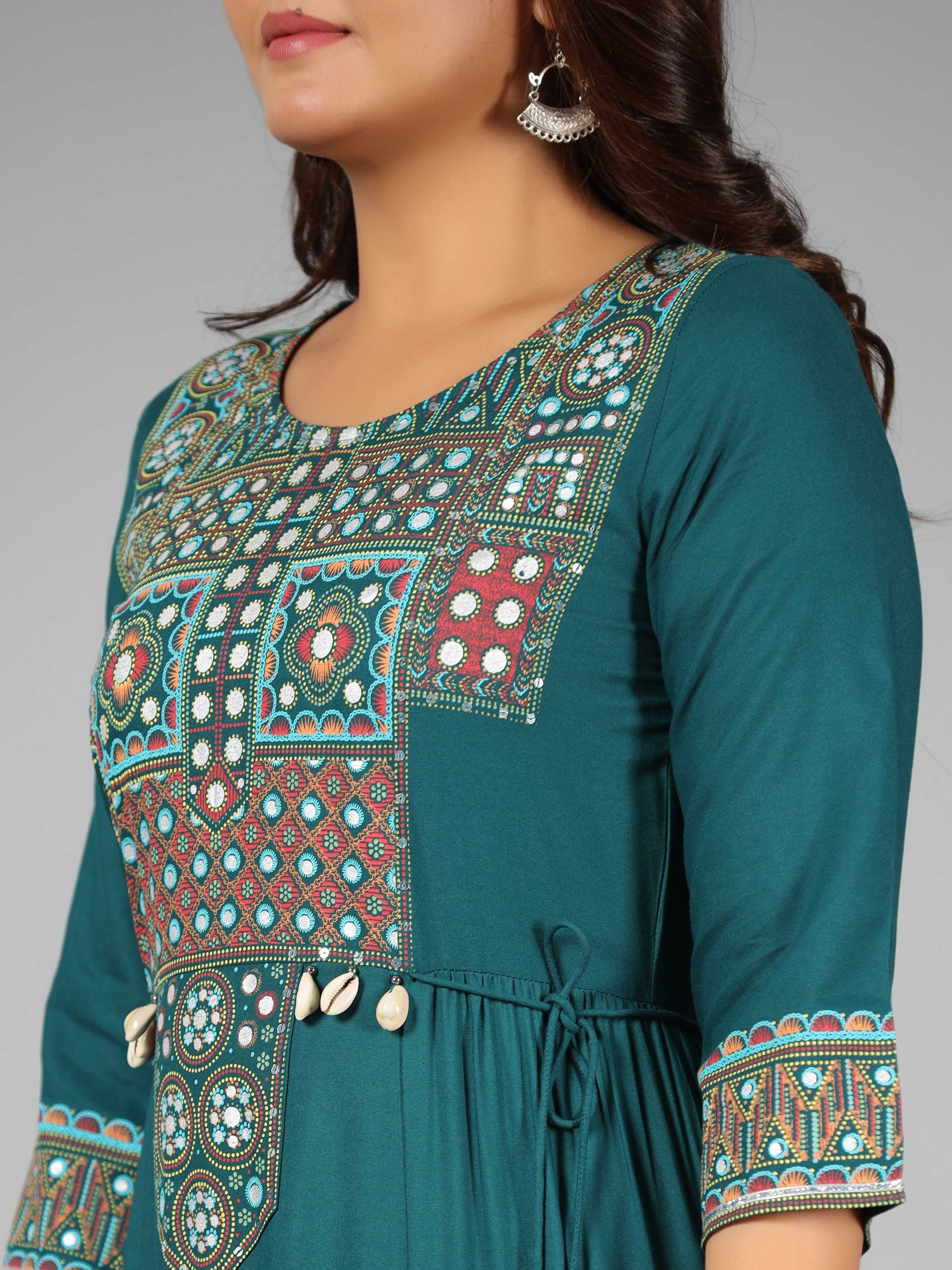 Juniper Women's Teal Rayon Staple Printed Tiered Maxi Dress | Grocsy