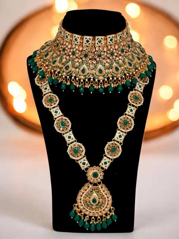 Tehzeeb Creations Traditional Designer Kundan Stone Green Meenakari Choker Bridal Set | Grocsy