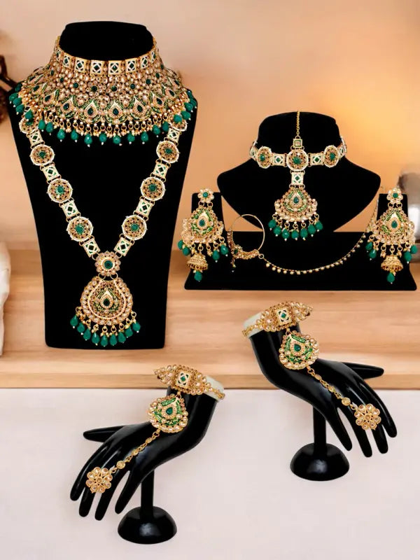 Tehzeeb Creations Traditional Designer Kundan Stone Green Meenakari Choker Bridal Set | Grocsy
