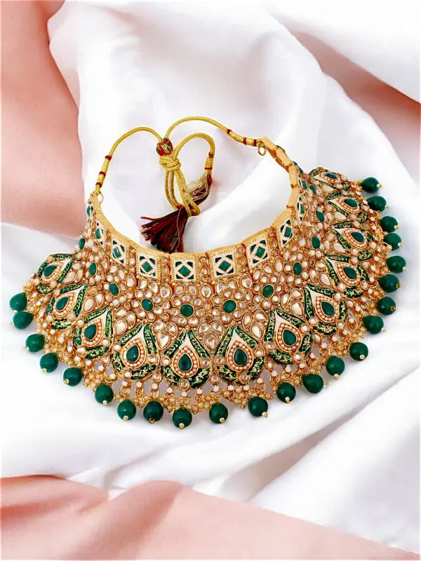 Tehzeeb Creations Traditional Designer Kundan Stone Green Meenakari Choker Bridal Set | Grocsy