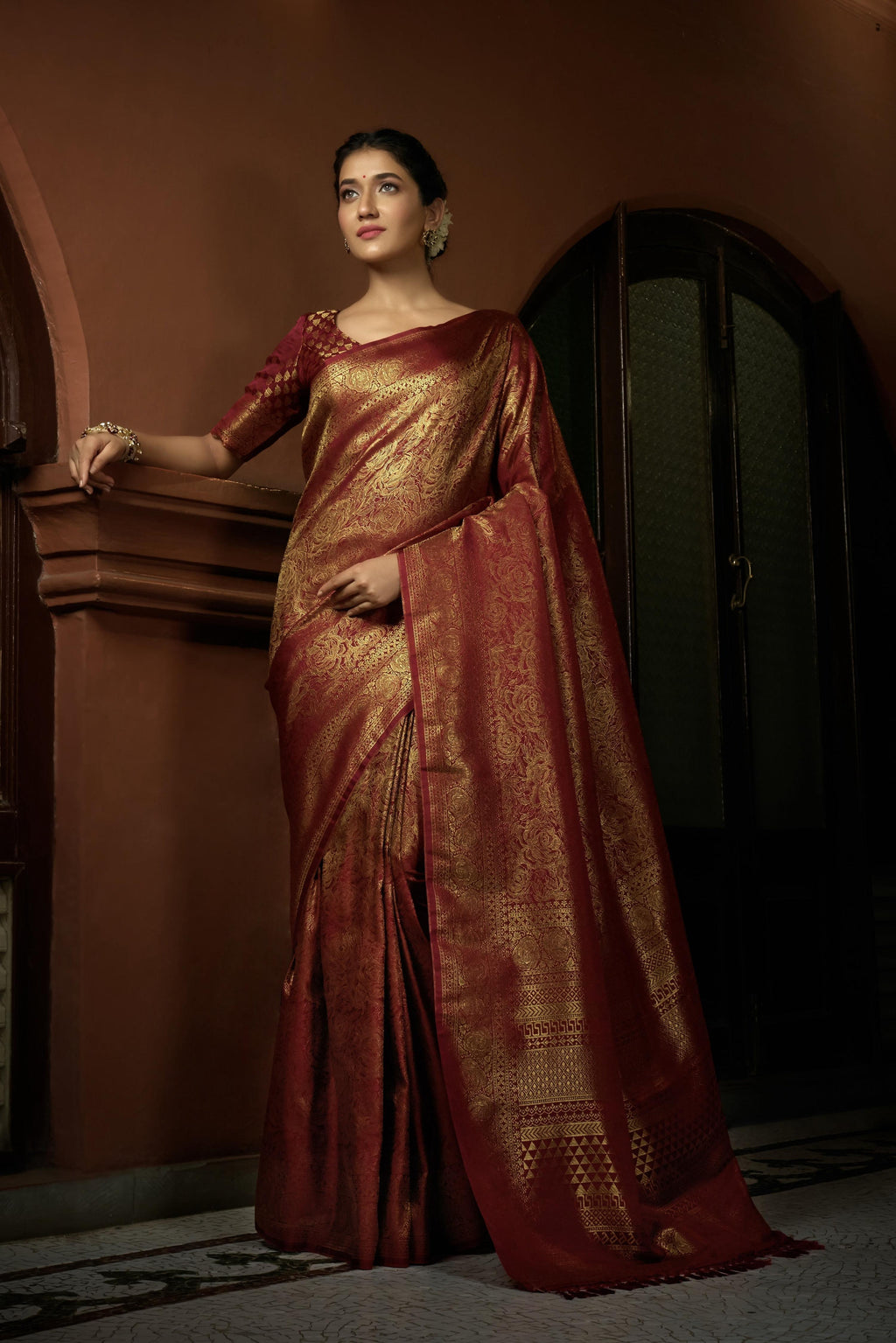 Vardha Venetian Red Golden Zari Kanjeevaram Silk Saree | Grocsy