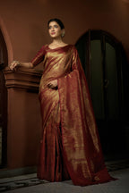Vardha Venetian Red Golden Zari Kanjeevaram Silk Saree | Grocsy