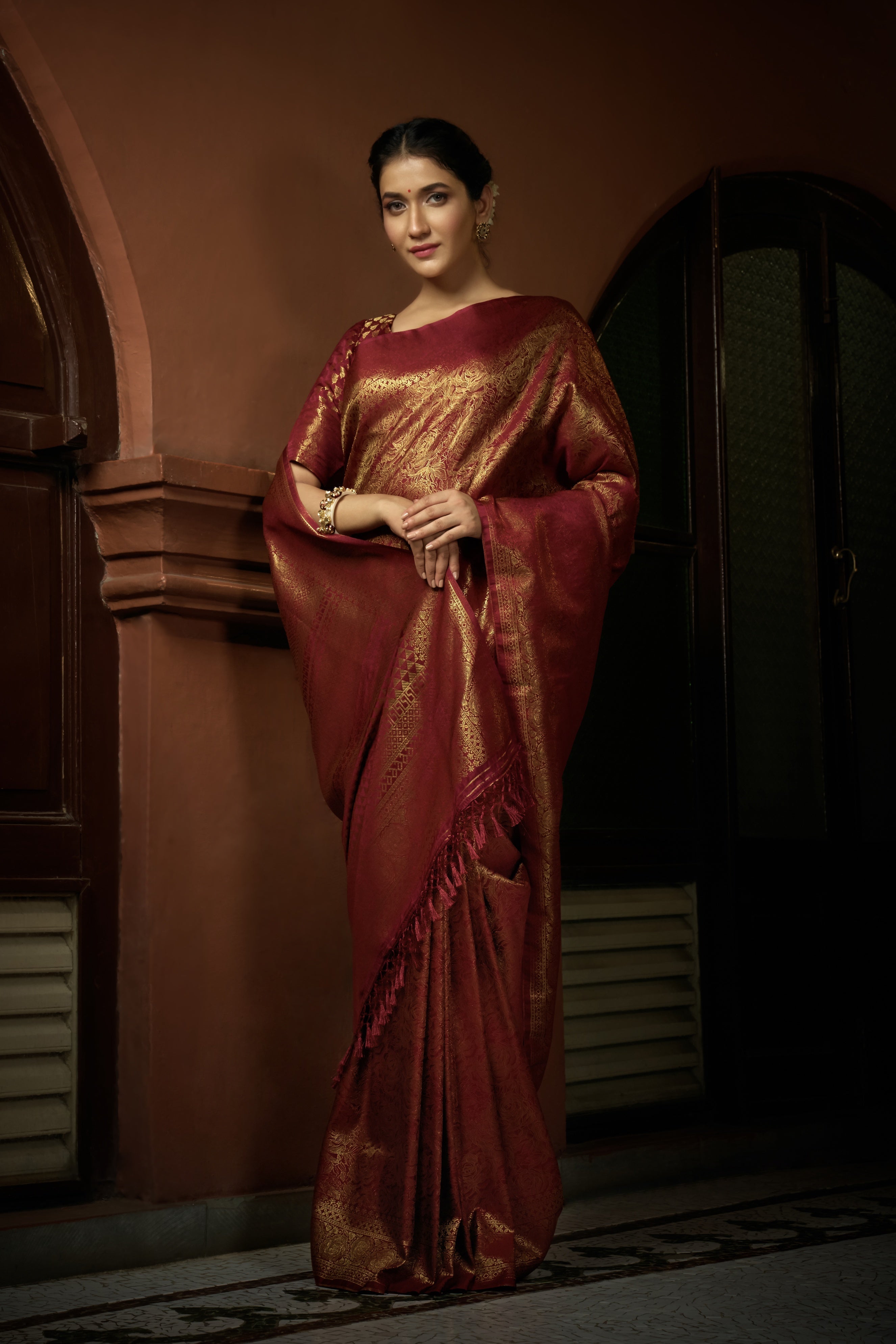 Vardha Venetian Red Golden Zari Kanjeevaram Silk Saree | Grocsy