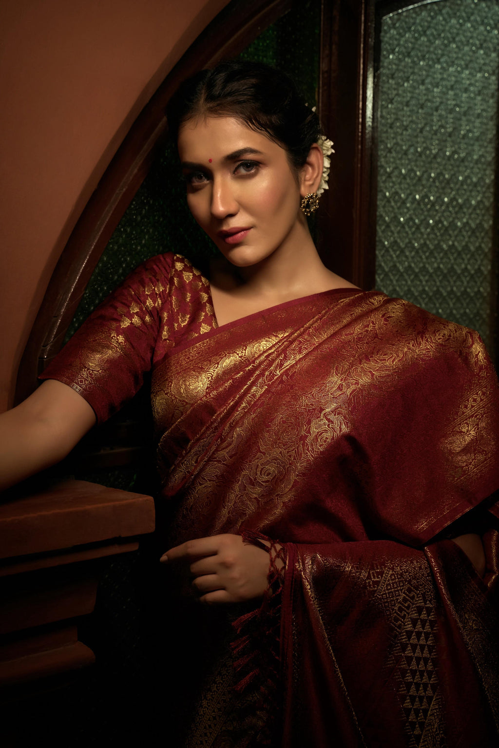 Vardha Venetian Red Golden Zari Kanjeevaram Silk Saree | Grocsy