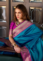 Anaita Teal Soft Banarasi Silk Zari Weaving Saree With Blouse Piece | Grocsy