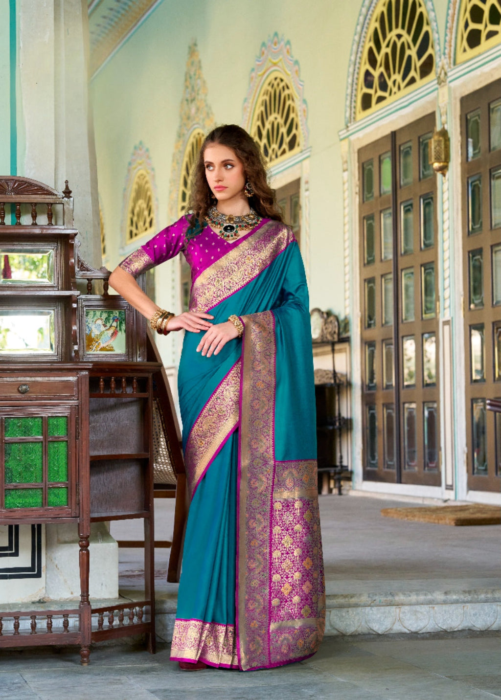 Anaita Teal Soft Banarasi Silk Zari Weaving Saree With Blouse Piece | Grocsy