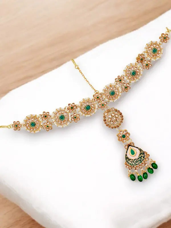 Tehzeeb Creations Traditional Designer Kundan Stone Green Meenakari Choker Bridal Set | Grocsy