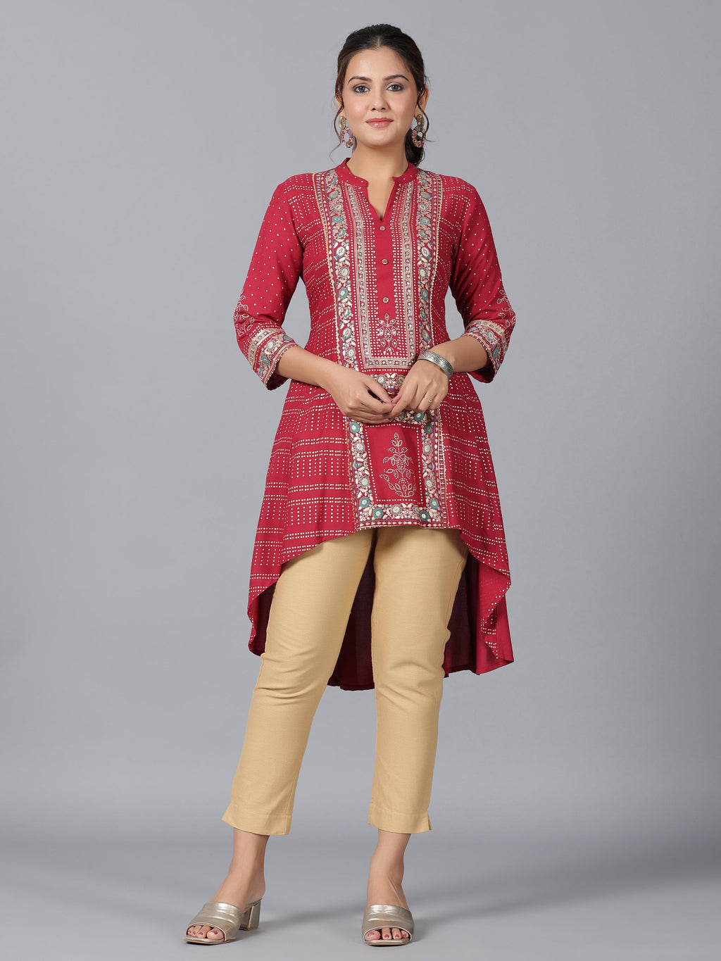 Juniper Women Maroon Rayon Foil Printed High-Low Tunic | Grocsy