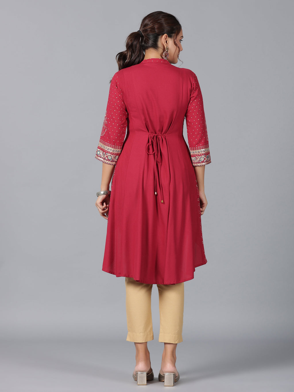 Juniper Women Maroon Rayon Foil Printed High-Low Tunic | Grocsy