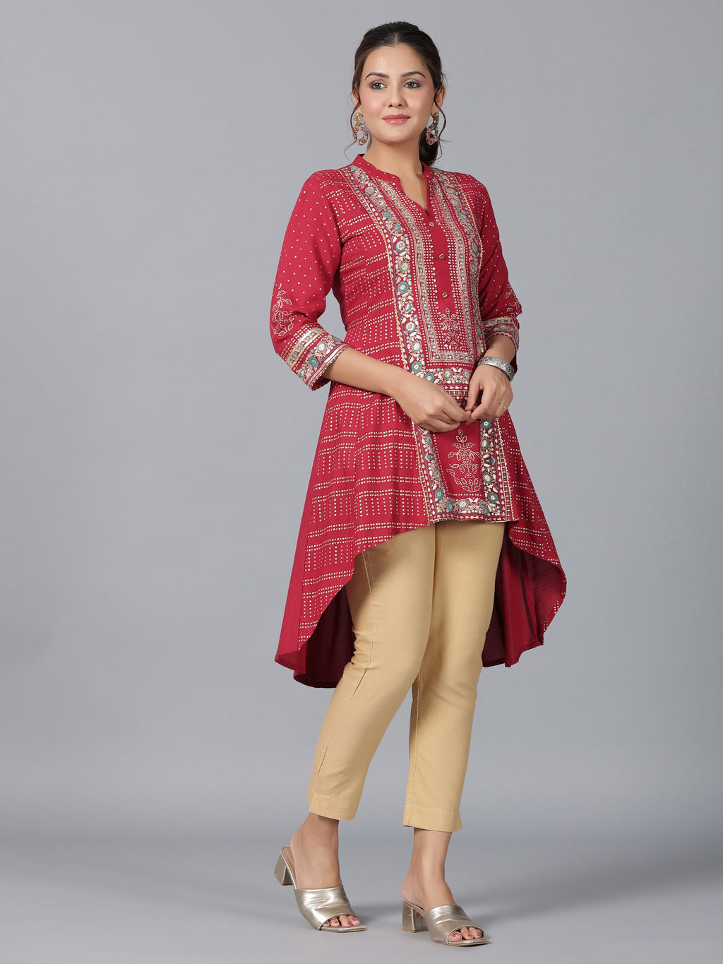Juniper Women Maroon Rayon Foil Printed High-Low Tunic | Grocsy