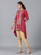 Juniper Women Maroon Rayon Foil Printed High-Low Tunic | Grocsy