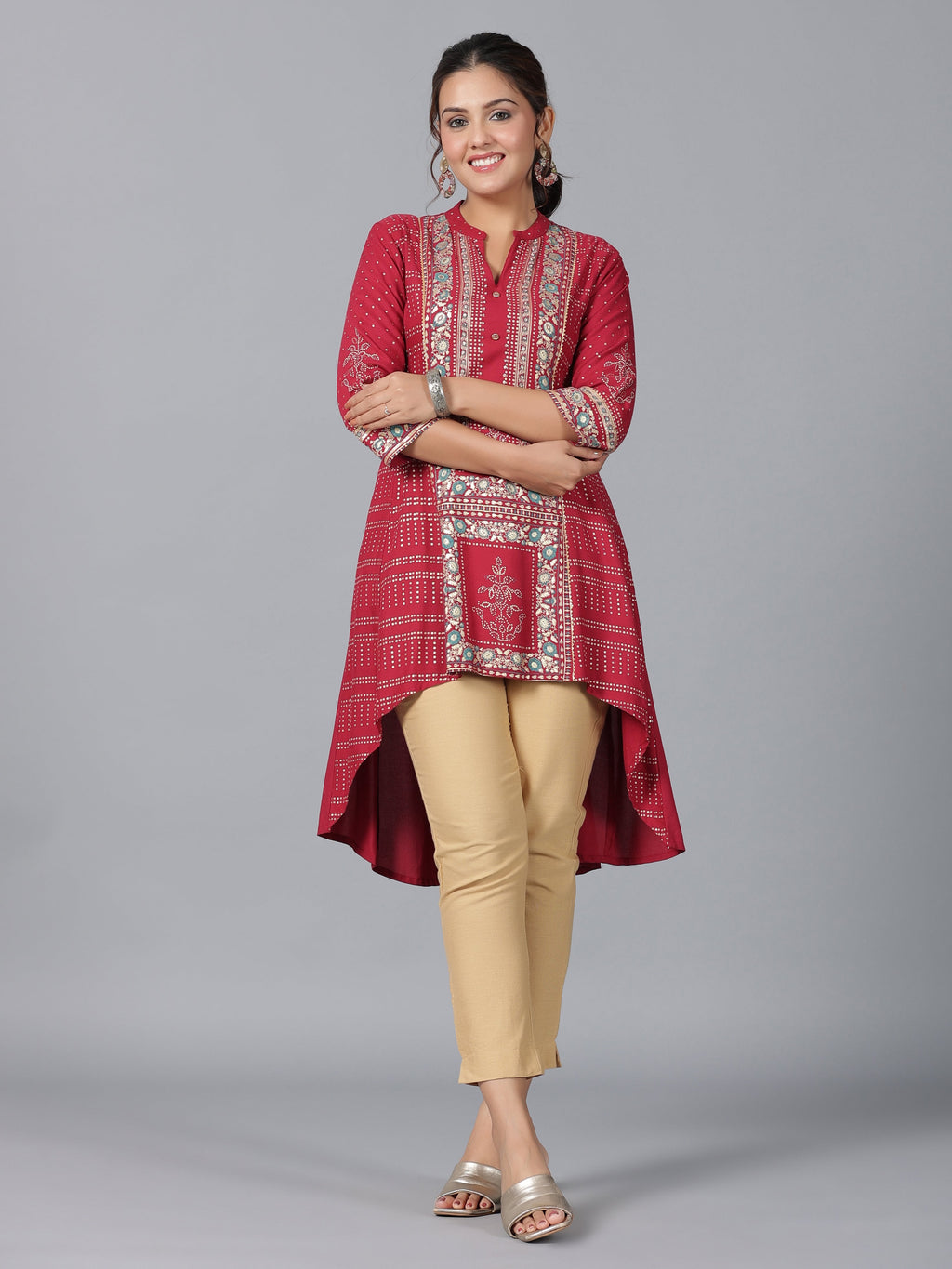 Juniper Women Maroon Rayon Foil Printed High-Low Tunic | Grocsy