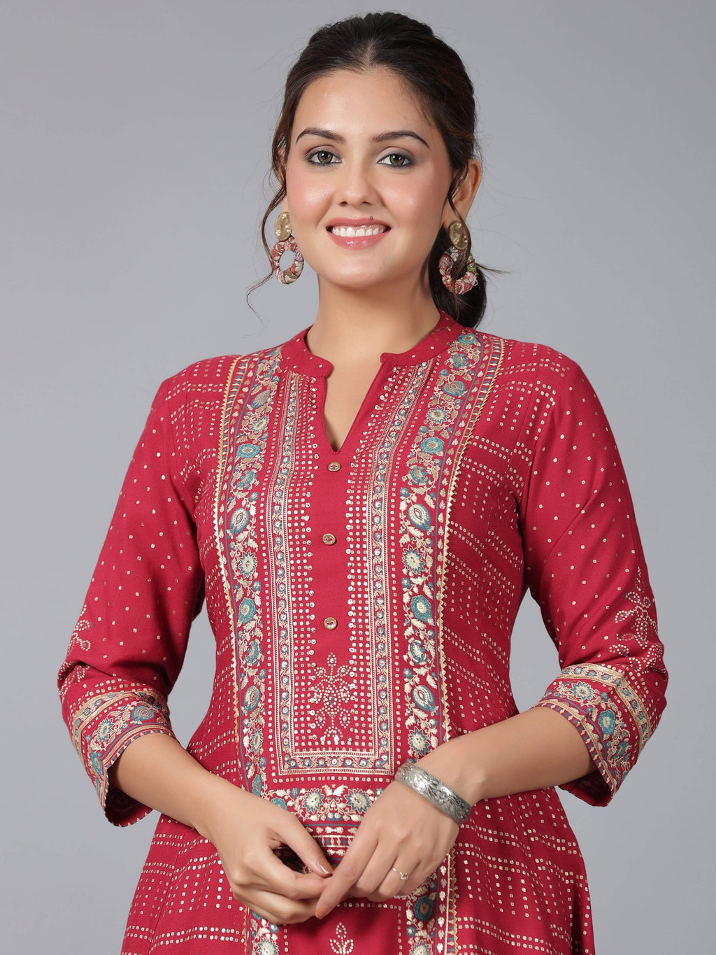 Juniper Women Maroon Rayon Foil Printed High-Low Tunic | Grocsy
