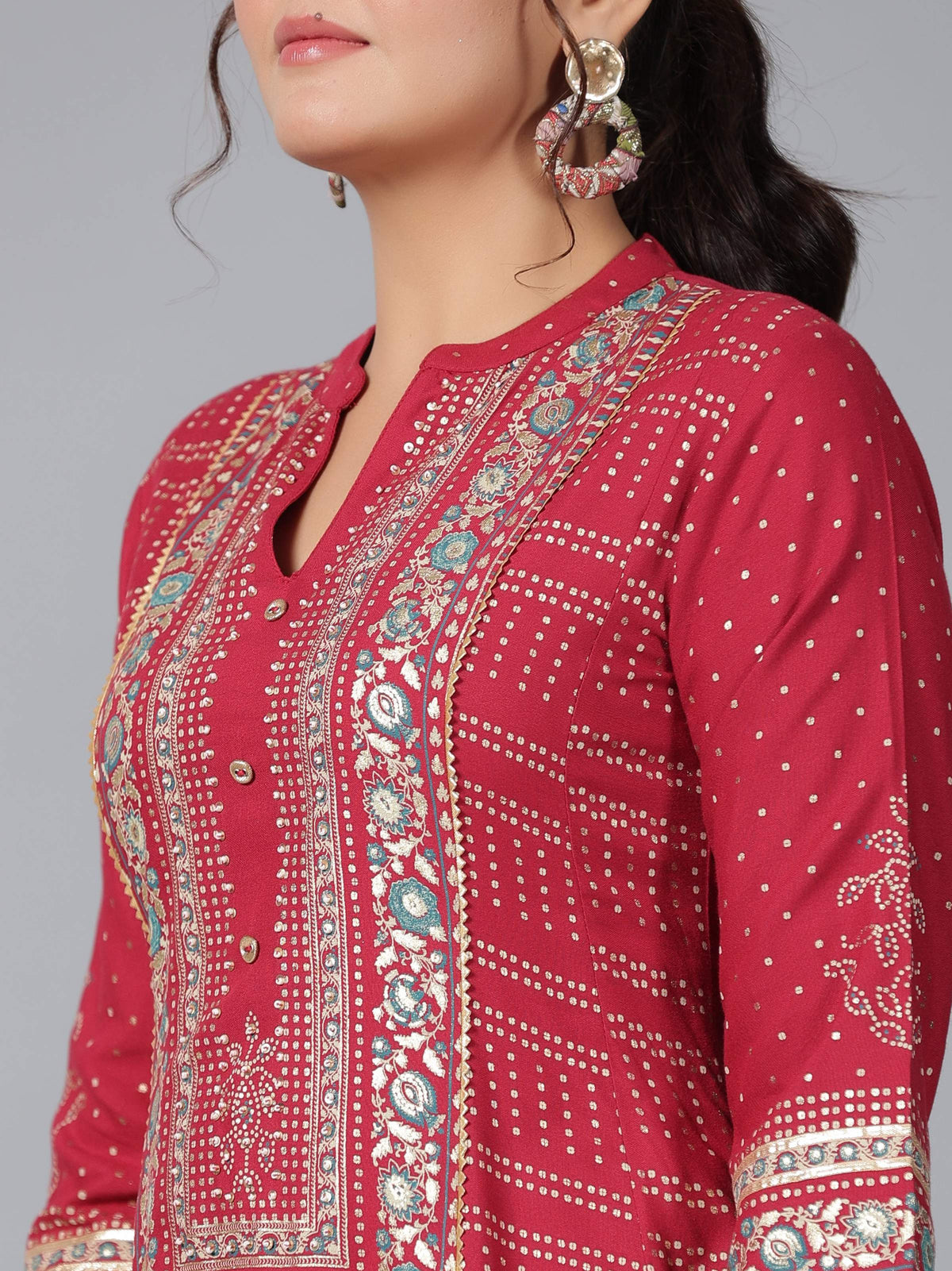 Juniper Women Maroon Rayon Foil Printed High-Low Tunic | Grocsy