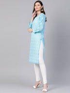 ADA Women Blue & White Chikankari Embroidered Sheer Straight Sustainable Handloom Kurta | Grocsy