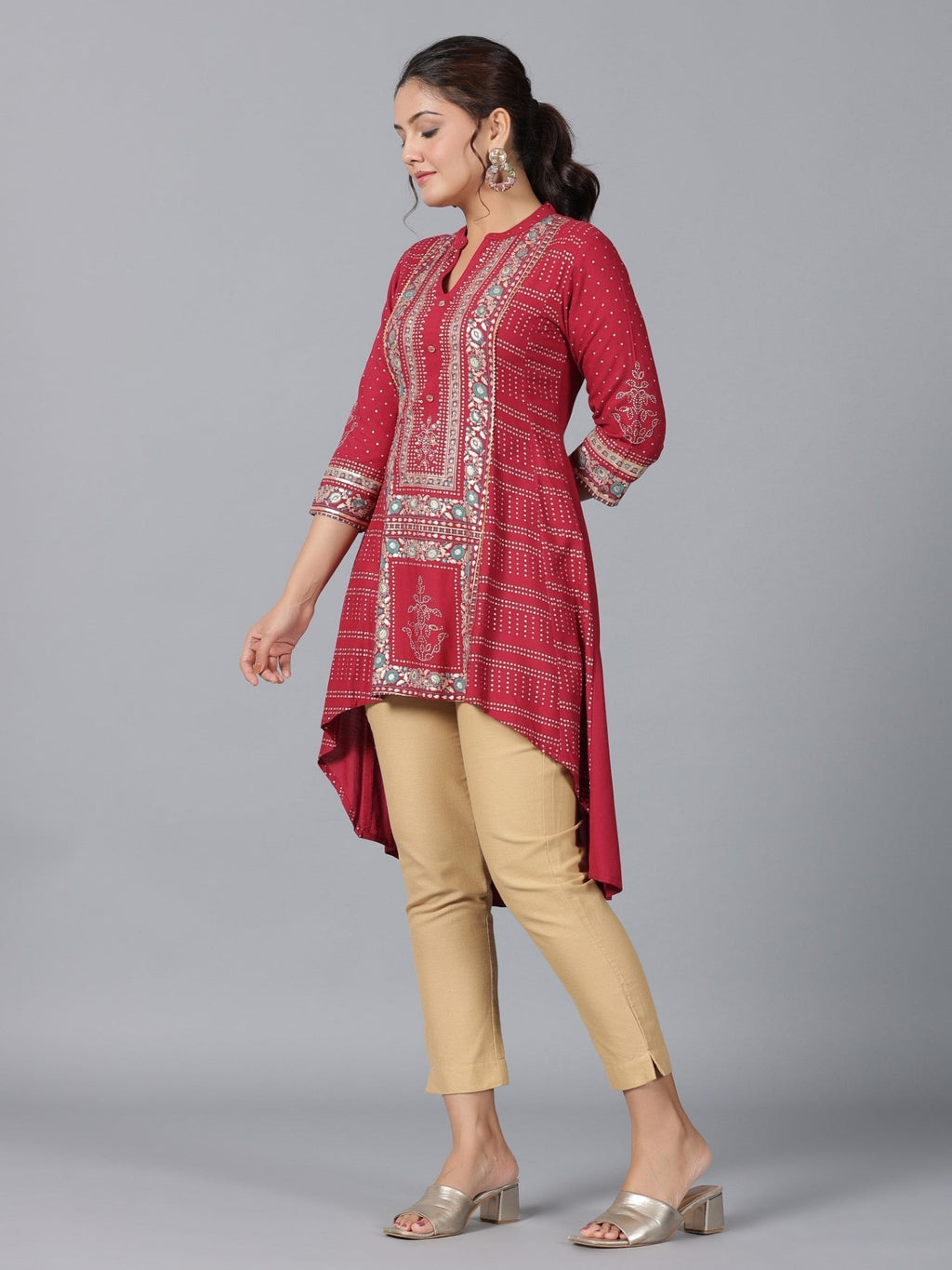 Juniper Women Maroon Liva Rayon Foil Printed High-Low Tunic | Grocsy