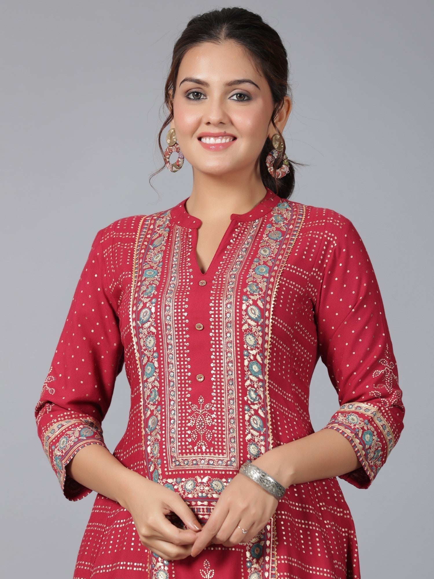 Juniper Women Maroon Liva Rayon Foil Printed High-Low Tunic | Grocsy
