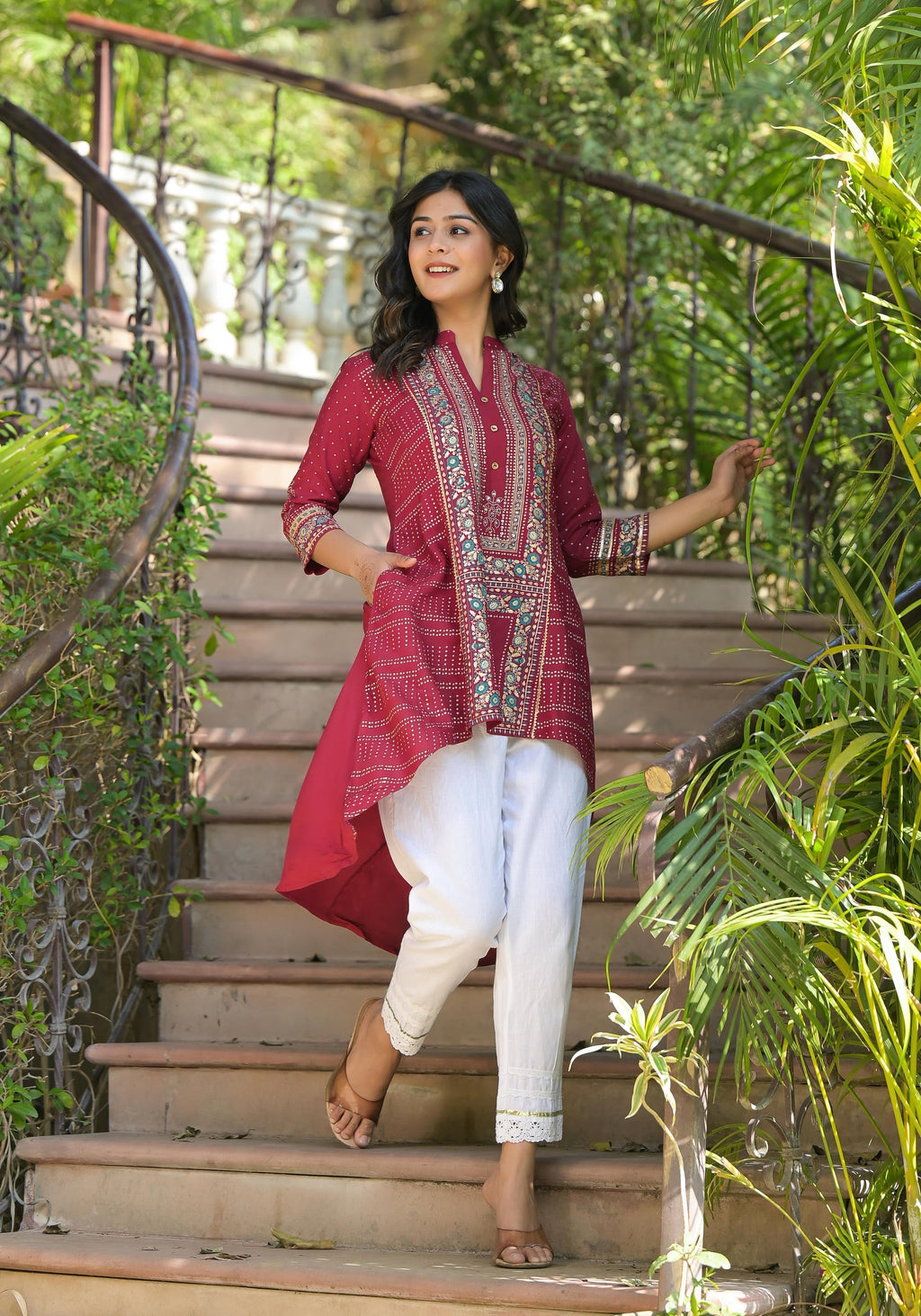 Juniper Maroon Bandhani Printed Liva Rayon Tunic With Sequins & Thread Work | Grocsy