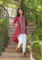 Juniper Maroon Bandhani Printed Liva Rayon Tunic With Sequins & Thread Work | Grocsy