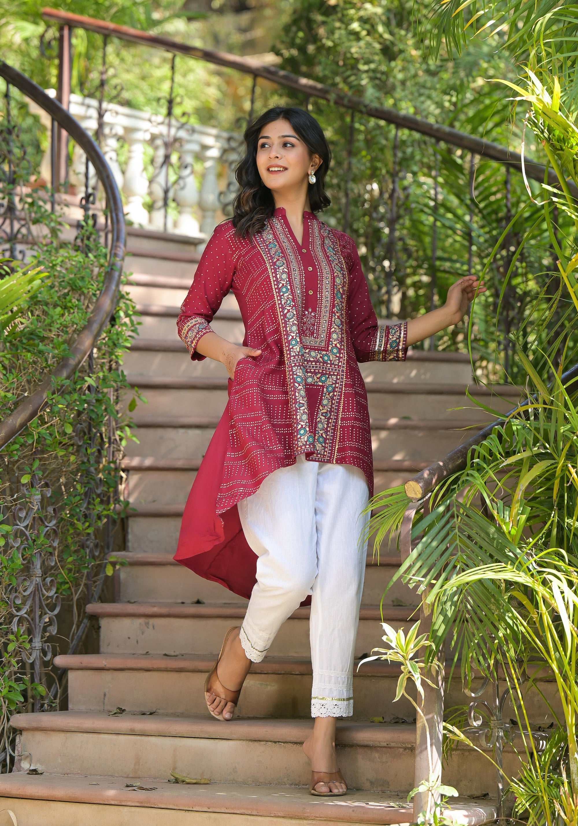 Juniper Maroon Bandhani Printed Liva Rayon Tunic With Sequins & Thread Work | Grocsy
