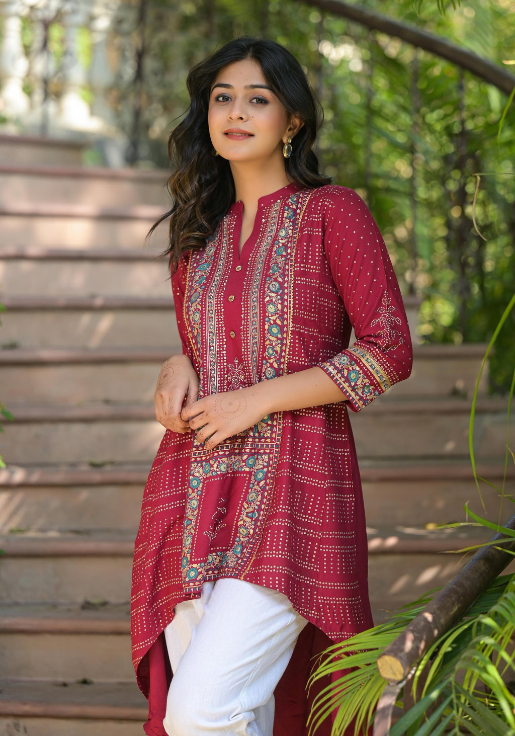 Juniper Maroon Bandhani Printed Liva Rayon Tunic With Sequins & Thread Work | Grocsy