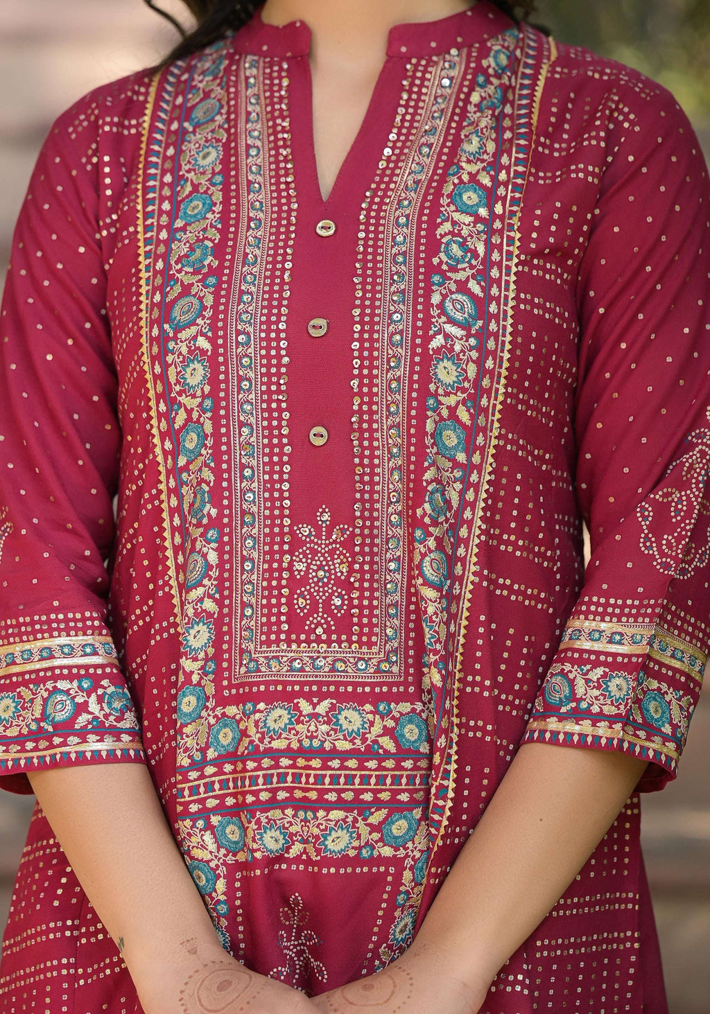 Juniper Maroon Bandhani Printed Liva Rayon Tunic With Sequins & Thread Work | Grocsy