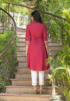Juniper Maroon Bandhani Printed Liva Rayon Tunic With Sequins & Thread Work | Grocsy