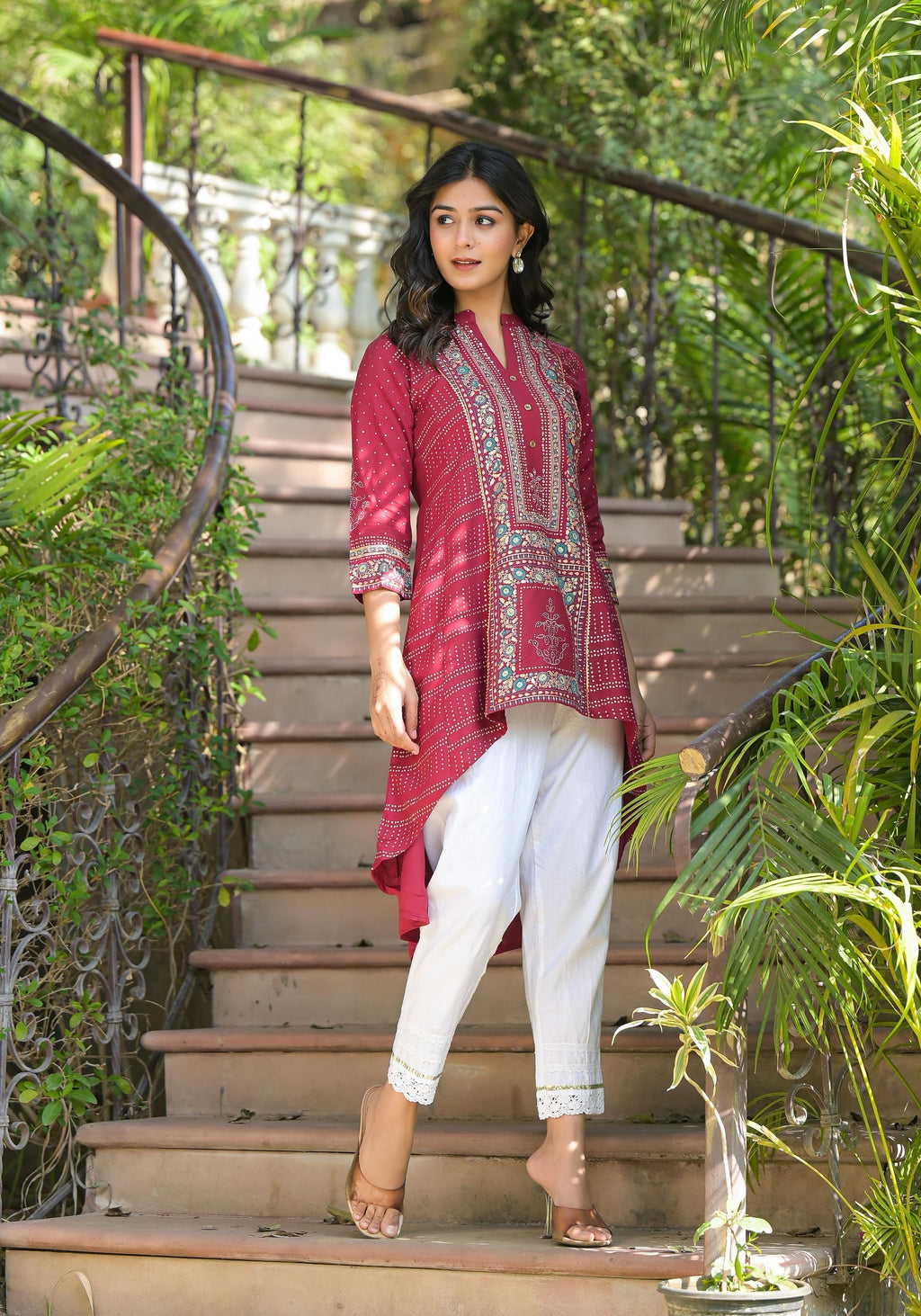 Juniper Maroon Bandhani Printed Liva Rayon Tunic With Sequins & Thread Work | Grocsy