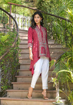 Juniper Maroon Bandhani Printed Liva Rayon Tunic With Sequins & Thread Work | Grocsy